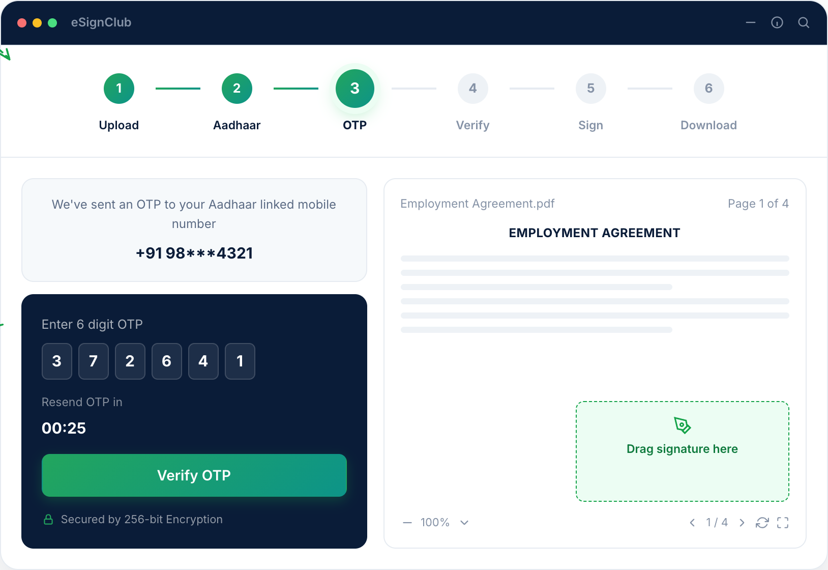 eSignClub Aadhaar OTP eSign product screen showing OTP verification and document preview
