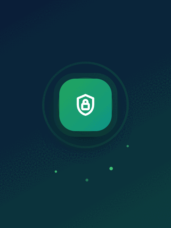 Animated illustration of a shield with a security scan sweeping over it, encrypted data particles drifting upward, and Encrypted / Verified badges confirming a secured document
