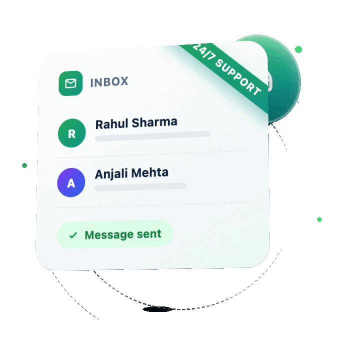 Animated 3D illustration of an inbox card with new messages and a 24/7 Support ribbon