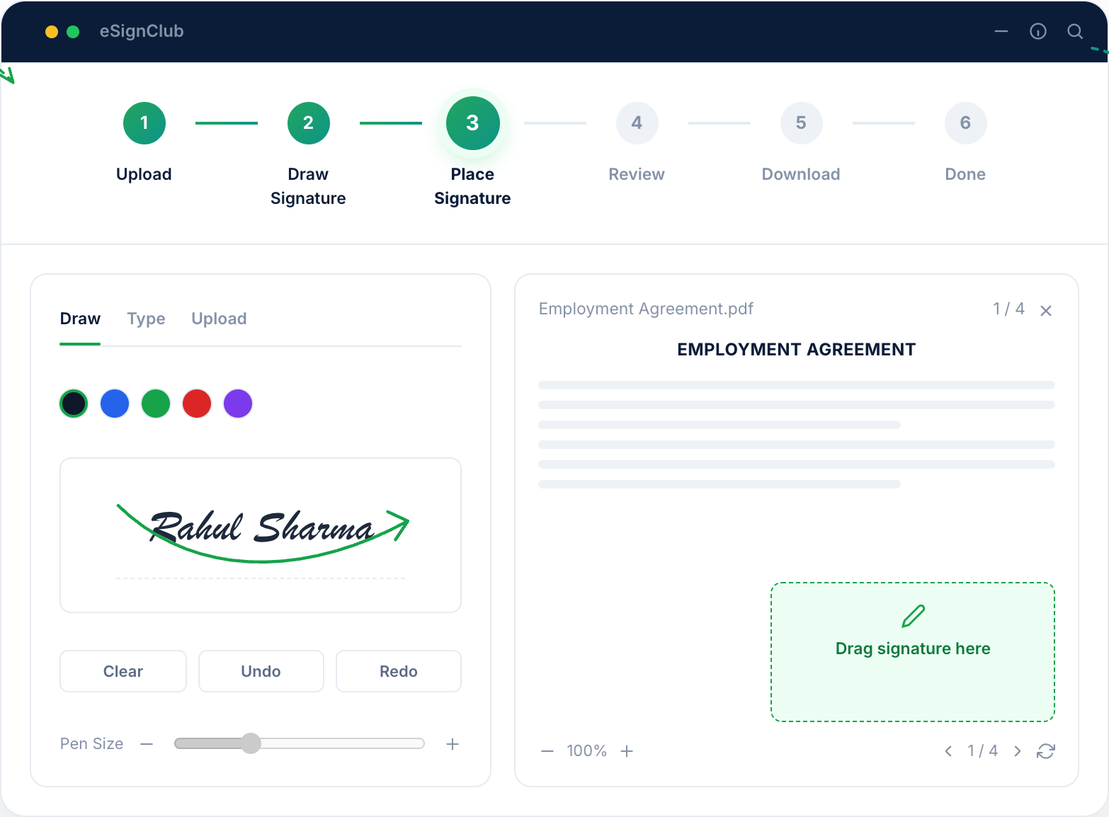 eSignClub Electronic Signature product screen showing a drawn signature ready to place on a document