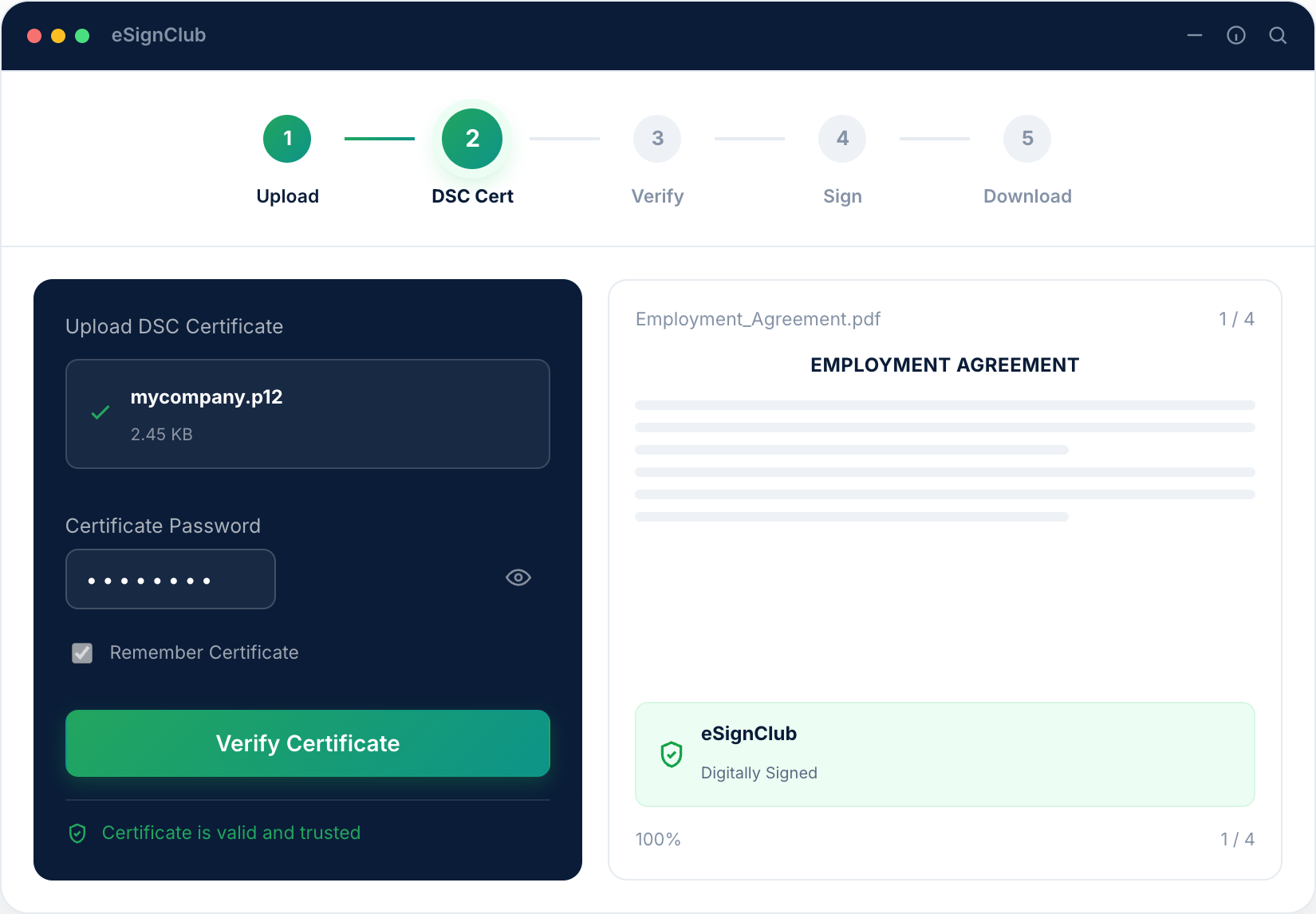 eSignClub DSC Digital Certificate product screen showing certificate verification and document preview