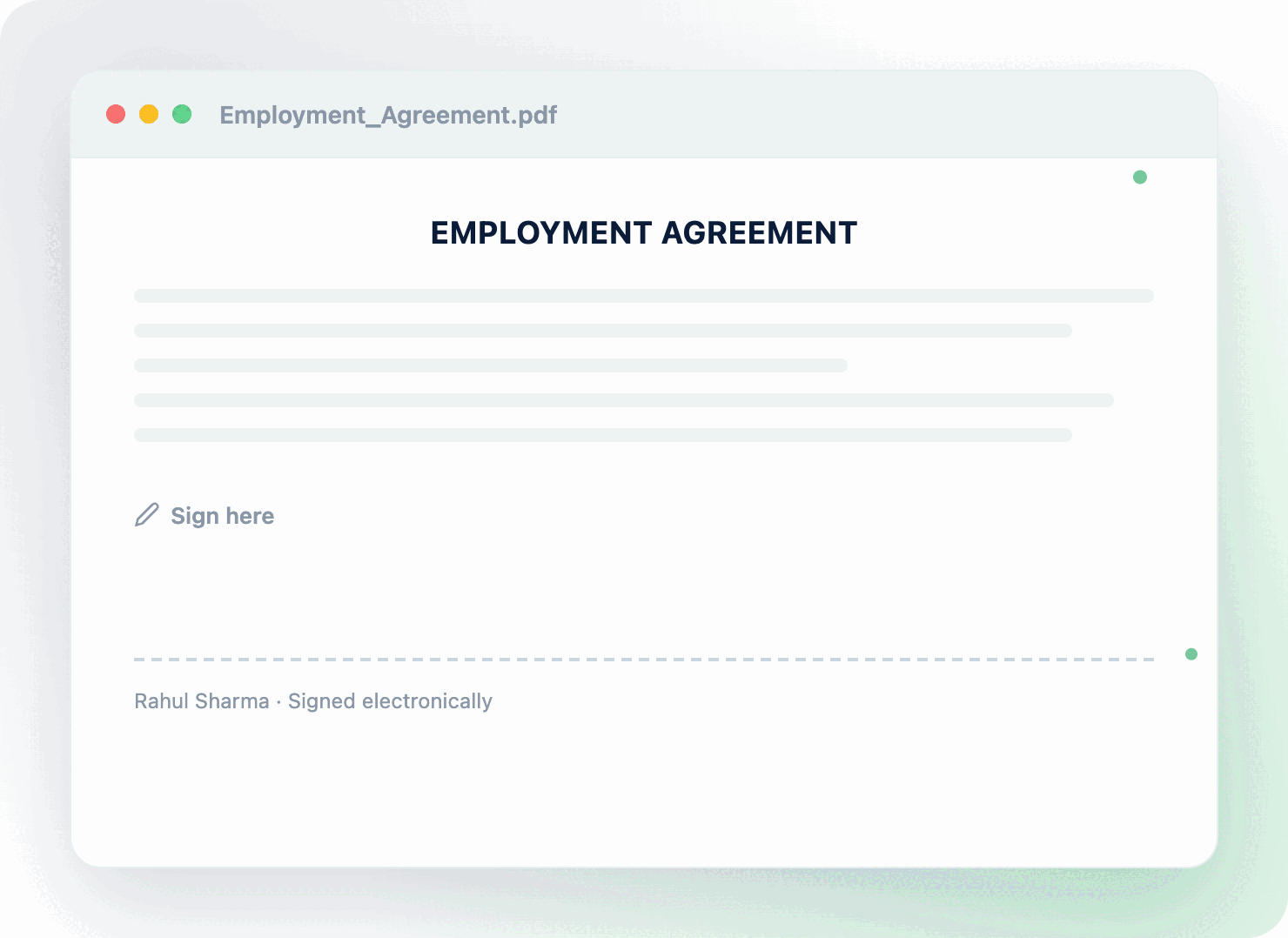 Animated preview of a pen signing an electronic signature on a document, followed by a signed confirmation stamp and success notification