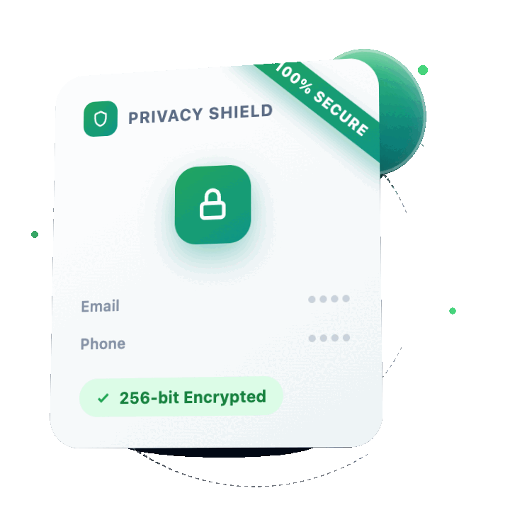 Animated 3D illustration of a privacy shield card with a lock icon and 256-bit encryption badge