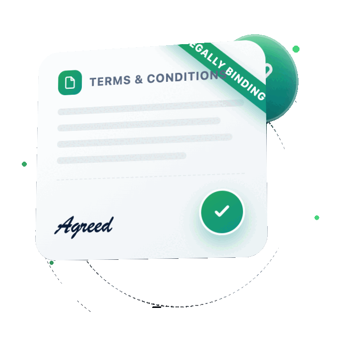 Animated 3D illustration of a terms and conditions document card with a signature and Legally Binding badge